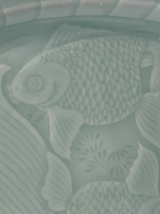 Longquan Celadon Koi Fish Platter 14 inch Green Glaze Mid-Century Abundance - Picture 4 of 7